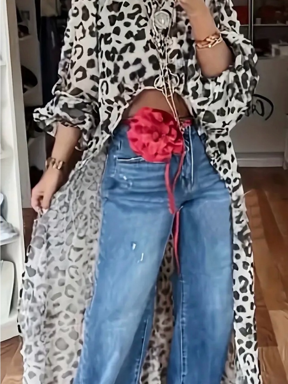 Flowy Leopard Print Duster with Long Sleeves